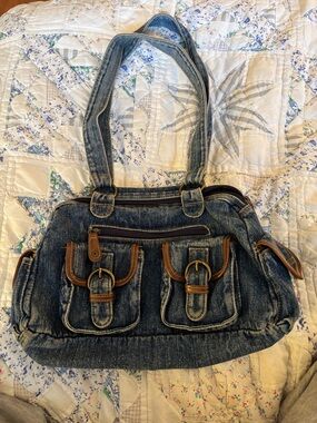 Denim Shoulder Bag with Brown Trim - Women